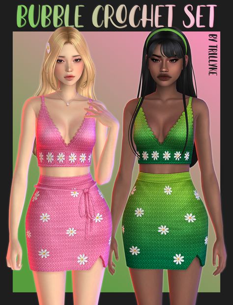 Bubble Crochet Set | Trillyke Bubble Crochet, Edge Crochet, Sims Love, Crochet Mini Skirt, Sims Clothes, Metallic Pleated Skirt, Rays Of Sunshine, Sims 4 Mm Cc, Sims 4 Dresses