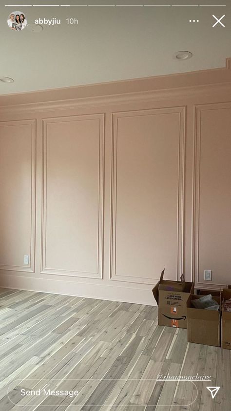 Pink Batten Board, Wall Trim Living Room, Pink Wall Panelling, Living Room Molding, Wall Trimming, Pink Accent Walls, Light Pink Walls, Pink Girl Room, Whimsical Nursery