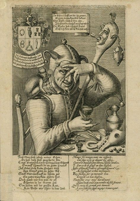 fool 'looks through fingers', entitled "Jean Vinon gra[n]d boyueur" [NOT "hoyueur" as per BNF -- which is non-existent! 'boyueur' = mod Fr "buveur" -- he's a drinker, for goodness sake!]  This is the BM impression [BNF impression = Hennin 1124] There's a wonderful role-call of mock-titles which I must attempt to transcribe somewhere... watch the COMMENT section below  in case I evber get round to it! But it would be worth the effort in the interests of early modern French fool literature Joker Playing Card, Court Jester, Technical Drawings, Modern French, Occult Art, European Paintings, Teaching History, History Pictures, Sacred Art