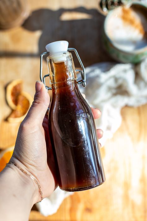 This Homemade Winter Spice Syrup is the perfect way to make spiced lattes at home! This healthier homemade coffee syrup is refined sugar-free and sweetened with maple syrup. Winter Spice Coffee Syrup, Winter Spice Syrup, Almond Coffee Syrup, Diy Syrup, Lattes At Home, Homemade Coffee Syrup, Coffee Syrups, Gingerbread Syrup, Vegan Pumpkin Spice