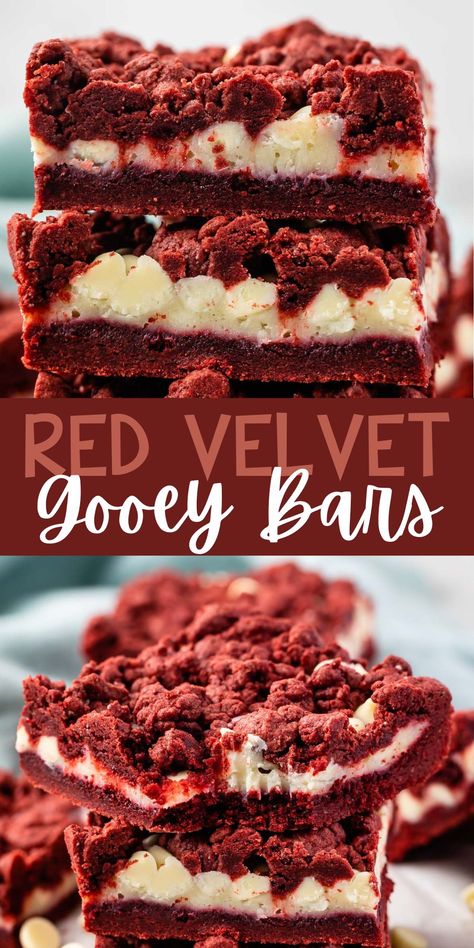 Red Velvet Gooey Bars are an easy cake mix recipe - cake mix cookie bars with white chocolate chips and a gooey center. Gooey Bars, Quick Treats, Recipe Cake, Cake Mix Cookie Recipes, Backless Dresses, Dessert Bar Recipe, Easy Baking Recipes Desserts, Cookie Bar Recipes, Cake Mix Recipes