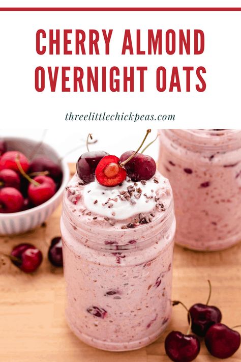 Creamy cherry overnight oats with almond butter for busy mornings or to just be able to have a cold breakfast on warm days. Cherry Overnight Oats, Overnight Oats Recipe Easy, Best Overnight Oats Recipe, Strawberry Overnight Oats, Food And Drink Recipes, Overnight Oatmeal Recipes, Nice Cream Recipe, Oat Recipes Healthy, Overnight Oats Recipe Healthy