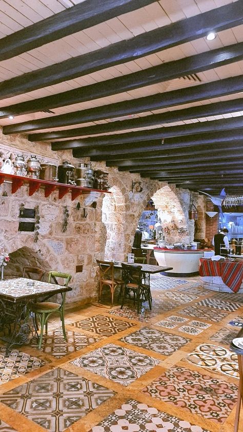 Lebanese Kitchen Design, Lebanese Decor Interiors, Lebanese Restaurant Interior Design, Lebanese House Interior, Levantine Restaurant, Lebanese Tiles, Lebanese Restaurant Design, Lebanese Interior Design, Lebanese Decor