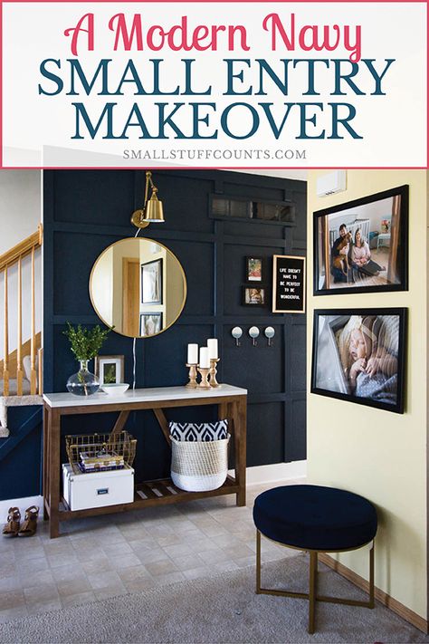 Such a pretty modern entry with a gorgeous navy blue board and batten wall. The paint is Midnight Blue by Behr and it's super pretty. Such great ideas for a small entryway makeover! #organizedentry #organizedentryway #navyentry #navyfoyer #navyentryway #navyhallway #navyboardandbatten #smallentry #smallentryway #smallfoyer #smallentryideas #beforeandafter #roommakeover Blue Board And Batten Wall, Blue Board And Batten, Entry Makeover, Entryway Paint, Navy Accent Walls, Accent Wall Entryway, Foyer Ideas Entryway, Entryway Makeover, Small Foyer