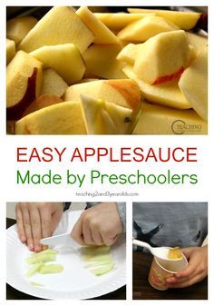 Easy Applesauce Recipe for Kids - a fun cooking activity for preschoolers at home or in the classroom. A delicious fall snack! From Teaching 2 and 3 Year Olds Preschool Cooking Activities, Easy Applesauce, Preschool Cooking, Cooking With Toddlers, Cooking Theme, Applesauce Recipe, Cooking In The Classroom, Activity For Preschoolers, Apple Sauce Recipes