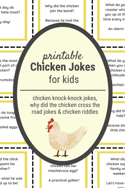 Chicken Jokes!!! All your favorite silly jokes about chickens in one place. Kids & grown-ups can read them here or print them out for later. Chicken Jokes Hilarious, Chicken Games For Kids, Chicken Activities For Kids, Chicken Journal, Egg Jokes, Chicken Activities, Farm Anatomy, Spring Jokes, Swim Banquet