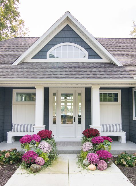 burgundy and pink fall front porch Vintage Exterior House Colors, Oceanfront Homes, Stripe Cushion, Fall Front Porch Decor, Fall Front Porch, Casa Exterior, Guest Cottage, House With Porch, Front Porch Decorating