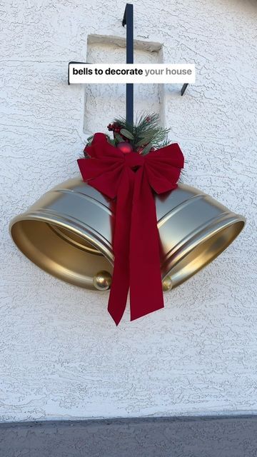 Oversized Planters, Diy Yard Decor, Silver Bells, House Decorating, Diy Holiday Decor, Zip Ties, Christmas Bells, Red Ribbon, Yard Decor