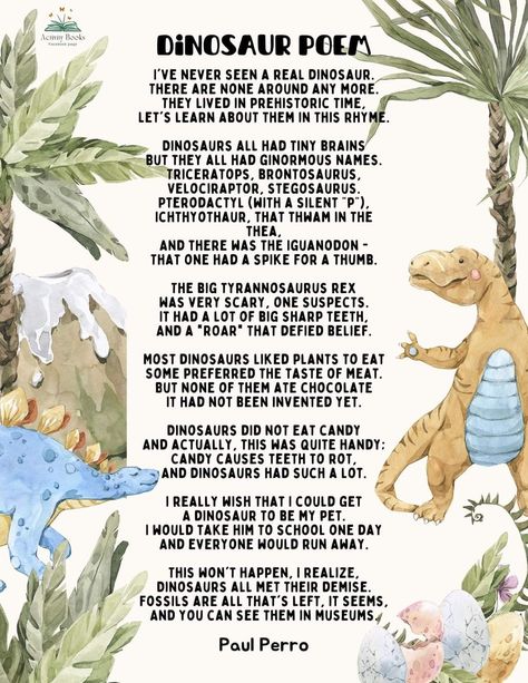 Dinosaur Poem, Dinosaur Classroom, Summer Lesson, Dinosaur Birthday Theme, Dinosaur Dig, Continuous Provision, Real Dinosaur, Daycare Activities, English Activities