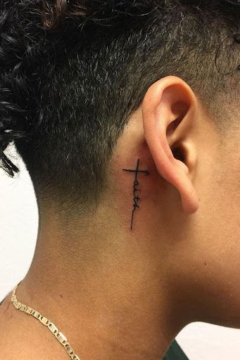 Simple Neck Tattoos, Let It Go Tattoo, Behind The Ear Tattoos, Small Cross Tattoos, Warrior Tattoo Sleeve, Go Tattoo, Matching Tats, Ear Tattoos, Single Line Tattoo