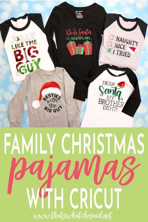 Grab your Cricut and easily make your family Christmas Pajamas this year!  Different designs for each member or everyone can match!   #ad #cricutmade #cricut #christmaspajamas Christmas Pajama Svg, Family Christmas Pj, Christmas Family Pajamas, Pajamas For Teens, Christmas Pj, Christmas Jammies, Cozy Pajamas, Christmas Pjs, Pajamas Comfy