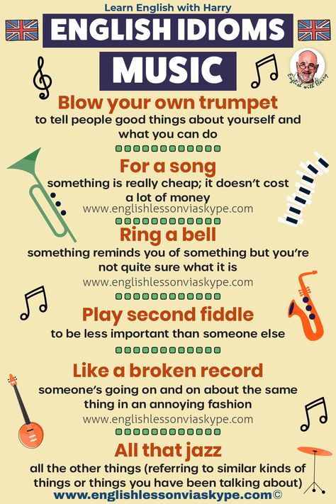 Idioms About Music, Music Vocabulary Words, Advanced Adjectives, Good Idioms, Idioms In English, Music Vocabulary, English Advanced, Vocabulary Sentences, Idioms And Proverbs