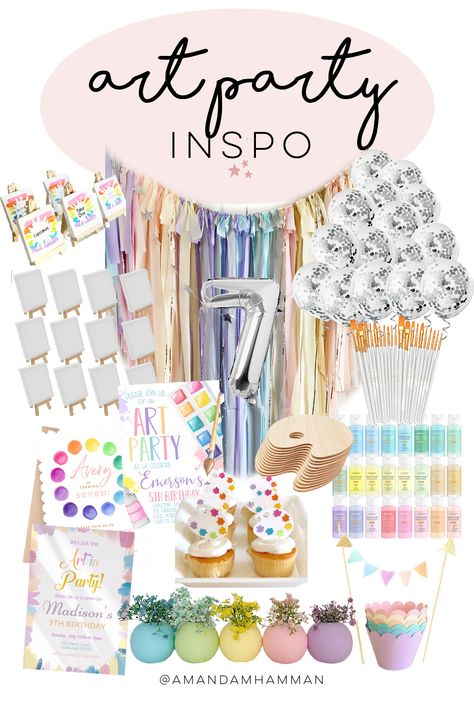 Art Birthday Theme Party Ideas, Art Craft Birthday Party Ideas, Art 5th Birthday Party, Art Theme Party Ideas, Arty Party Ideas For Kids, Paint Bday Party Ideas, Watercolor Birthday Party, Art Party Table Set Up, Pastels Theme Party