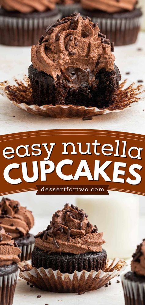 Want more simple sweet treats when small batch baking? Learn how to make Nutella Cupcakes! From the filling to the frosting, these triple chocolate cupcakes are full of Nutella goodness! Save this easy dessert recipe! Nutella Cupcakes Easy, Chocolate Nutella Cupcakes, Nutella Cupcakes Recipe, Simple Sweet Treats, Small Batch Cupcakes, Easy Chocolate Cupcake Recipe, Cream Filled Cupcakes, Easy Impressive Dessert, Batch Meals