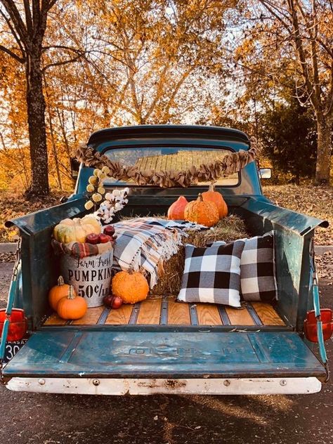 Vintage Truck Fall Pictures, Pumpkin Patch Trunk Or Treat Ideas, Fall Photoshoot Setup Ideas, Cider Stand, Pumpkin Patch Business, Fall Mini Shoot, Halloween Outdoors, Old Truck Photography, Autumn Hygge