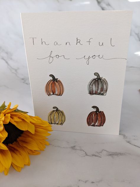 Tell your family and friends how thankful you are for them this fall with these handmade cards.  Details: *Folded card size: approx. 4 ¼ x 5 ½ inches - an A2 envelope is included for each card purchased *Each card is blank inside with plenty of room for a personalized message.  *The back is stamped with my logo, social media handle, and Etsy shop URL. Note: Since each card is hand painted with watercolors, each one will be slightly different, adding to its beauty and uniqueness. These cards ARE NOT prints.   Thank you for taking the time to stop by my shop. If you have any questions, please send me a message. I'd love to hear from you and help you find the perfect card.  All cards are designed and hand painted with love in my studio.  From my heart to yours, Tynea Fall Thank You Cards Diy, Thank You Card Painting, Everyday Cards Handmade, Thanksgiving Homemade Cards Easy, Thanksgiving Greeting Cards Handmade, Stampin Up Pumpkin Cards, Homemade Fall Cards, Watercolor Thank You Cards Diy Handmade, Thank You Watercolor