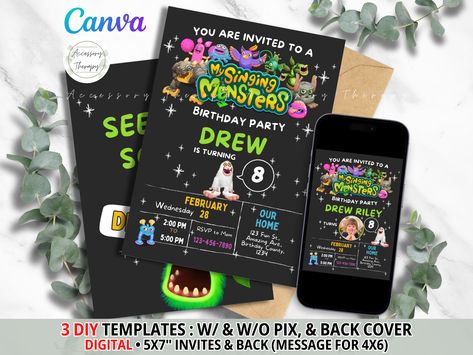 My Singing Monsters MSM Regular Monsters, DIGITAL DIY Template Invitation Invite Birthday Party Celebration Photo Picture Pix Download Monster Invitations, Monster Birthday Invitations, My Singing Monsters, Template Video, Template Invitation, Singing Monsters, Monster Birthday, Birthday Party Celebration, Diy Templates