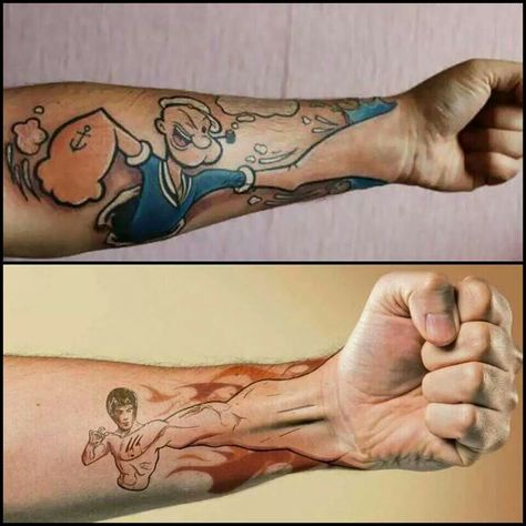 Popeye and Bruce Lee "His hand is your hand" fist tattoo. HOW COOL! Fist Tattoo, 20 Tattoo, Sketch Style Tattoos, Belly Tattoo, Epic Tattoo, Jesus Tattoo, 3d Tattoos, Crown Tattoo, Piercing Studio