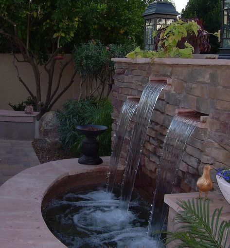 Waterfeature with spillways and Seatwall pond | Breese Landscapes | Flickr Backyard Landscaping Arizona, Phoenix Backyard, Outdoor Water Features, Fountains Backyard, Yard Landscape, Backyard Water Feature, Pond Landscaping, Natural Pond, Waterfalls Backyard