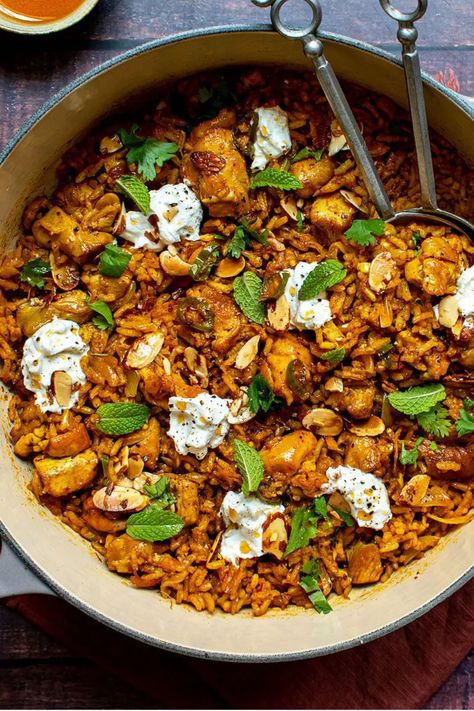 Dinner is made easy with this one pot spicy chicken pilaf! Top it with fresh herbs, buttered almonds, and creamy labne for a fancier touch. #chickendinner #onepotdinner #chickenrecipe #easydinner #easyrecipe Chicken Pilaf Recipe, Best Rice Recipes, Chicken Pilaf, Best Rice Recipe, The Best Rice, Chicken Head, Best Rice, Pilaf Recipes, Almond Chicken