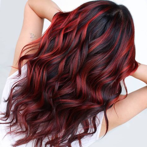 Brunette Pop Of Color, Red Hair With Black Roots, Vivid Color Hair, Red Hair Streaks, Hair Color Red Ombre, Hidden Hair Color, Red Balayage Hair, Dark Red Hair Color, Red Hair Looks