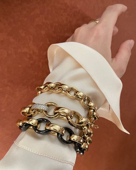 Imagine the sound they make when they gently clink against one another. It is the sound of luxury and beauty. Classic bracelets for a lifetime. #monicarichkosann #goldbracelets #layeringbracelets #classicbracelets Monica Rich Kosann Jewelry, Statement Bracelets, Monica Rich Kosann, Cuffing Season, 18k Gold Bracelet, Classic Bracelets, Gold Bracelets, Sapphire Bracelet, Sleeve Cuff