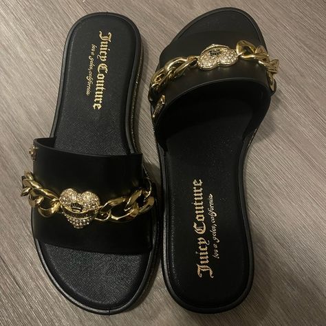 Juicy Couture Sandals/Slides. Cute Slides For Women, Purple Flip Flops, Gold Flip Flops, Gold Slides, Juicy Couture Shoes, Womens Slides Sandals, T Strap Flats, Slides For Women, Couture Shoes