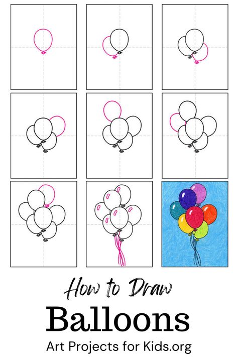 Balloon Sketch Drawings, Drawing Balloons, How To Draw A Balloon, How To Draw Balloons, Kids Drawing Ideas Step By Step, How To Draw Designs, Step By Step Drawing For Kids, How To Draw For Kids, Draw Balloons