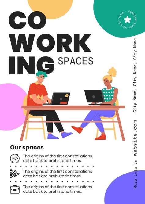 Colorful Hand-drawn Coworking Space Poster Co Working Space Design, Space Poster Design, Business Office Design, Airbnb Design, Office Inspo, Space Poster, Poster Layout, Workspace Design, Study Space