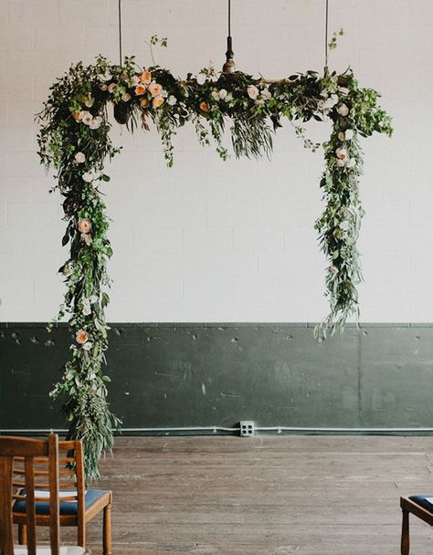 Modern industrial hanging garland. GORGEOUS way to add an elegant touch to an industrial venue! Wedding 101, Greenery Wedding Decor, Wedding Ceremony Ideas, Flowers And Greenery, Wedding Ceremony Backdrop, Hanging Garland, Have Inspiration, Ceremony Arch, Hanging Flowers