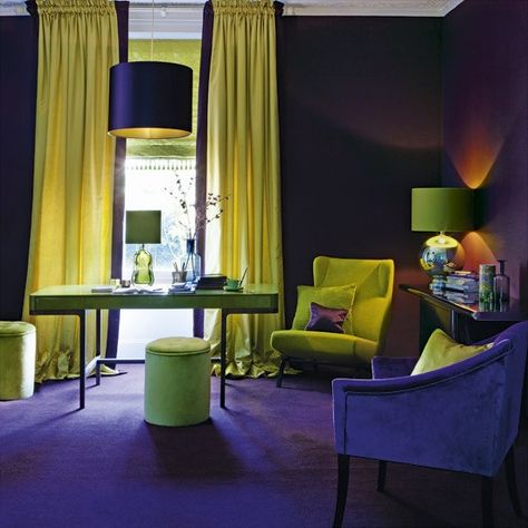 purple/blue wall room | Purple Living Room Interior Design Ideas: Aubergine & Lime Modern Living Room Colors, Split Complementary Color Scheme, Living Room Colour Schemes, Fresh Living Room, Purple Living Room, Split Complementary, Split Complementary Colors, Home Office Colors, Purple Interior