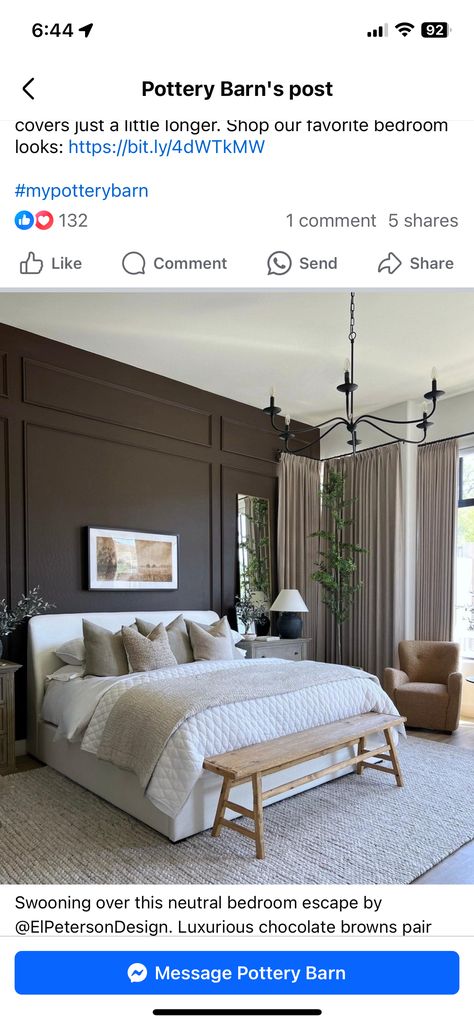 Relaxing Primary Bedroom, Primary Bedroom Ideas Moody, Shea Mcgee Bedroom, Trey Ceiling Bedroom Master Suite, Dark Bedroom Accent Wall, Color Drenched Bedroom, Moody Primary Bedroom, Plum Bedroom, Mcgee Bedroom