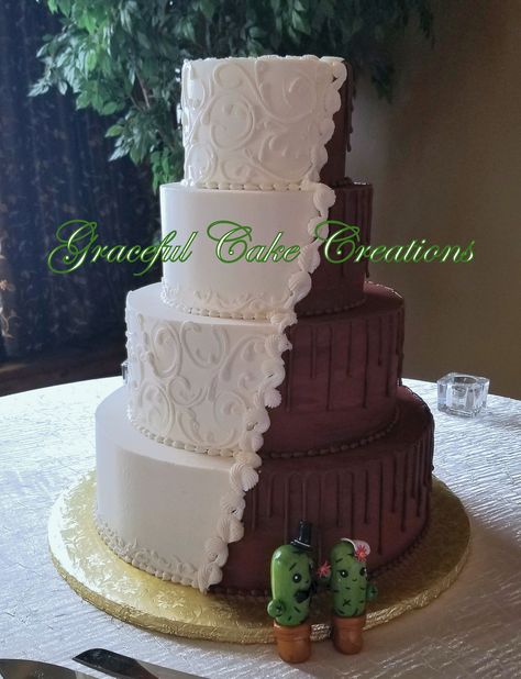 White And Chocolate Wedding Cake, Half And Half Wedding Cakes, Butter Cream Wedding Cake, Brown Wedding Cakes, Cream Wedding Cake, Bridal Cakes, Cream Wedding Cakes, Special Event Cakes, Flamingo Cake