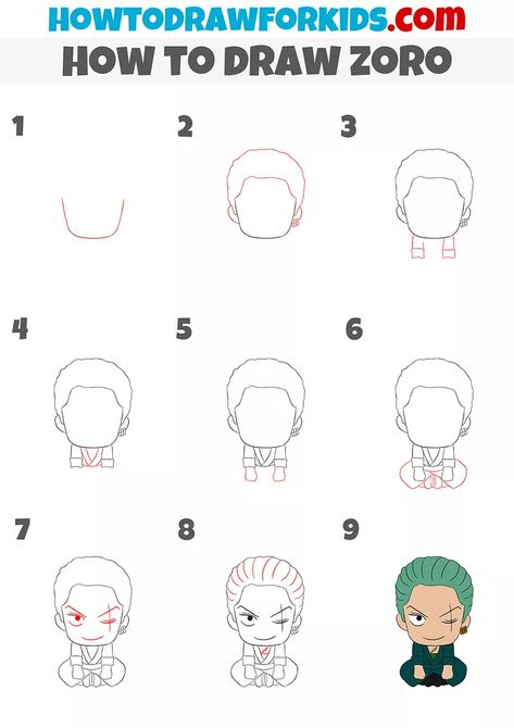 Zoro Cute Drawing, How To Draw Zoro One Piece Step By Step, Zoro One Piece Drawing Easy, How To Draw Zoro, Zoro Drawings Easy, Zoro Doodle, One Piece Drawing Easy, Zoro One Piece Drawing, How To Draw Manga