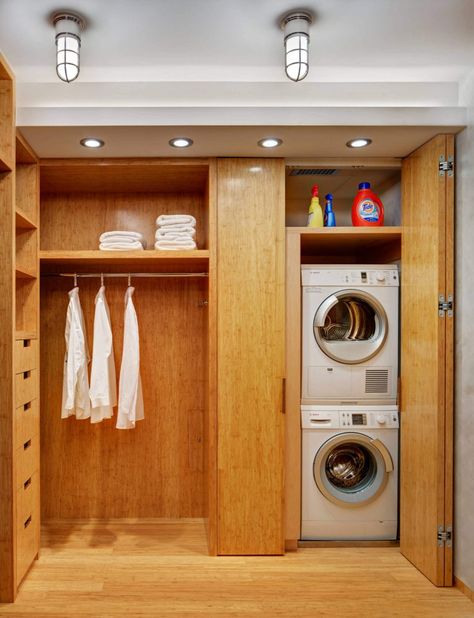 Necessary Objects Master Closets, Organize Closet Space, Make A Closet, Contemporary Closet, Creative Closets, Light Wood Cabinets, Dressing Room Closet, Stackable Washer And Dryer, Laundry Room Flooring