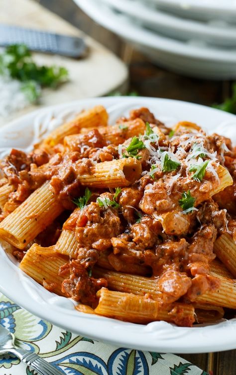 Italian Sausage Rigatoni with Spicy Cream Sauce - Spicy Southern Kitchen Spicy Tomato Cream Sauce, Italian Sausage Rigatoni, Spicy Cream Sauce, Sausage Rigatoni, Tomato Cream Sauce, Italian Sausage Recipes, Pasta Dinners, Meat Sauce, Rigatoni