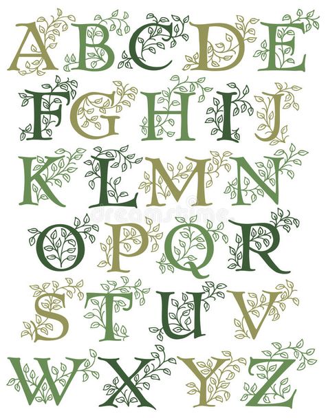 Botanical Alphabet/eps. Hand-drawn alphabet with leafy green vines entwined with capital letters...suitable for drop caps or monograms royalty free illustration Vine Letters, Leaf Font, Botanical Alphabet, Hand Lettering Alphabet Fonts, Vine Drawing, Vine Font, Green Vines, Hand Lettering Inspiration, Drop Cap