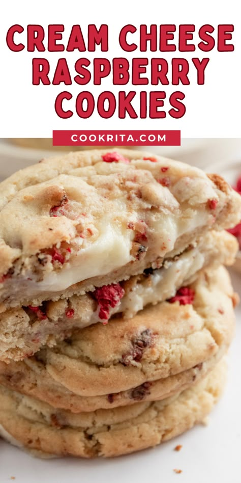 Cream Cheese Raspberry Cookies Cream Cheese Wedding Cookies, Hersheys Cream Cheese Chips, Raspberry Almond Cookies, Cream Cheese Cookies Recipes Easy, Raspberry Cream Cheese Cookies, Cream Cheese Cookies Recipes, Cream Cheese Raspberry, Cookie Dough Flavors, Vanilla Cookie Dough