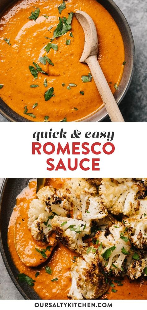 Quick and easy Romesco Sauce is about to change your life - and just about anything on your plate! This simplified version of the Spanish classic is made with healthy pantry staples in less than 15 minutes. Use it to dress up roasted vegetables, slather it over chicken or fish, or serve as a dipping sauce. It's vegan, plant based, and low carb too - a terrific condiment for Keto, Whole30, and everything in between! #condiment #romesco #sauce #vegan #keto #paleo Healthy Pantry Staples, Healthy Pantry, Romesco Sauce Recipe, Vegan Plant Based, Romesco Sauce, Whole30 Keto, Homemade Gravy, Veggie Dip, Fire Roasted Tomatoes