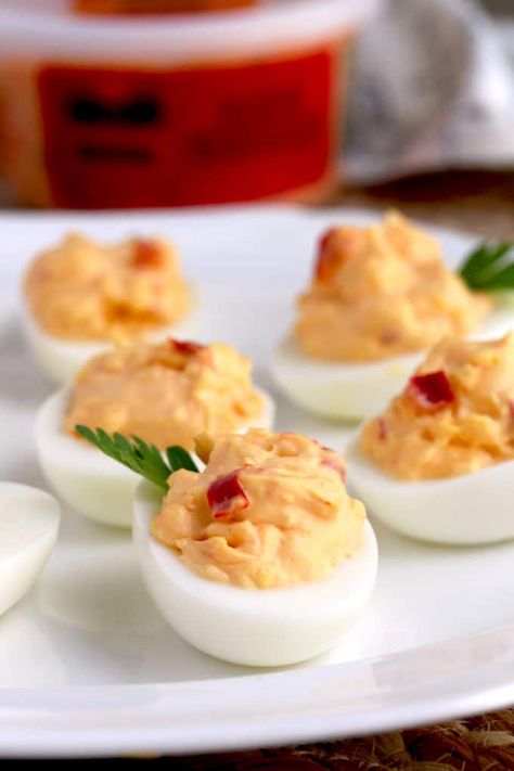 Close up of Pimento Cheese Deviled Eggs on a platter Pimento Cheese Deviled Eggs, Sriracha Deviled Eggs, Breakfast Potato Casserole, Delicious Breakfast Casserole, Pickled Onion, Lemon Blossoms, Deviled Eggs Recipe, Breakfast Potatoes, Pimento Cheese