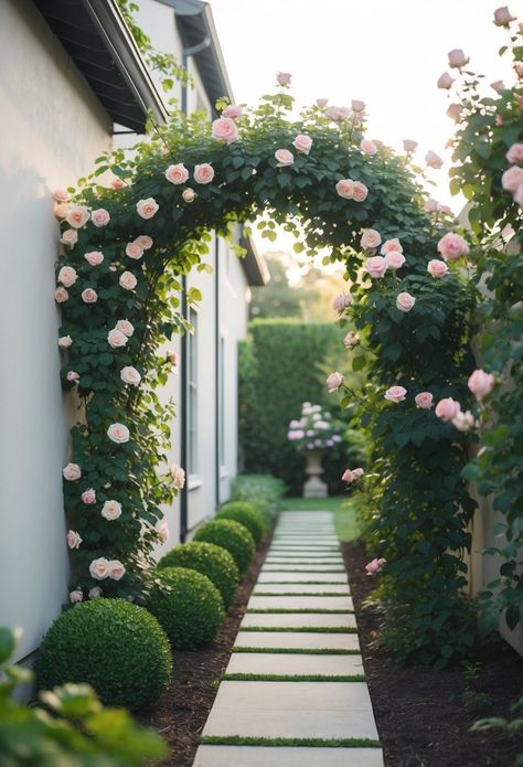 30 Narrow Side Yard Landscaping Ideas To Transform Your Outdoor Space Front Garden Archway, Garden Pathway Design, Front Yard Bench Landscaping, Garden Along House, Side House Walkway, Long Narrow Backyard Ideas, Flower Walkway, Bayou Cottage, Narrow Side Yard