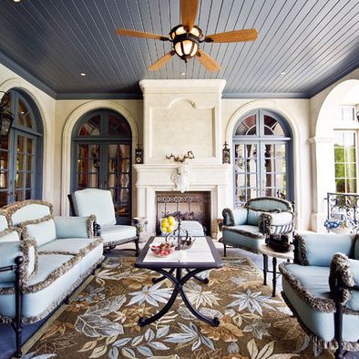 Blue And Brown Design sunroom Front Porch Design Ideas, Patio Ceiling, Ceiling Paint Colors, Traditional Porch, Porch Design Ideas, Shabby Chic Dining, Blue Ceilings, Indoor Outdoor Carpet, Front Porch Design