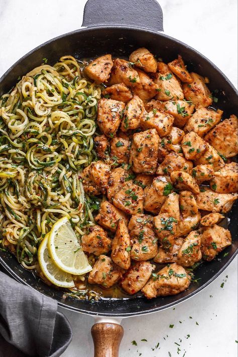 Garlic Butter Chicken Bites with Lemon Zucchini Noodles - #eatwell101 #recipe They're so juicy, tender, and delicious you'll eat them hot right off the pan! Ready for a new #chicken #dinner winner? - #recipe by #eatwell101 Lemon Zucchini Noodles, Garlic Butter Chicken Bites, Butter Chicken Bites, Chicken And Pasta, Lemon Zucchini, Zoodle Recipes, College Living, Garlic Butter Chicken, Chicken Bites