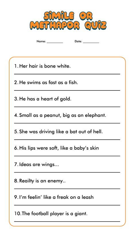 Simile Metaphor Personification, Metaphors Worksheet, Metaphor Worksheet, Personification Worksheet, Writing Metaphors, Test Notes, Simile Vs Metaphor, Simile And Metaphor, Simile Worksheet