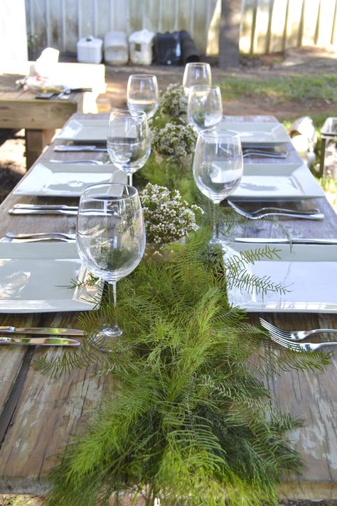 Table runner - Koala fern, Sea star fern, Bribie pine, Waxflower Fern Centerpiece, Twig Centerpieces, Alaskan Wedding, Fern Wedding, Fruit Centerpieces, Simple Tree, Asparagus Fern, Fall Table Decor, Sea Star