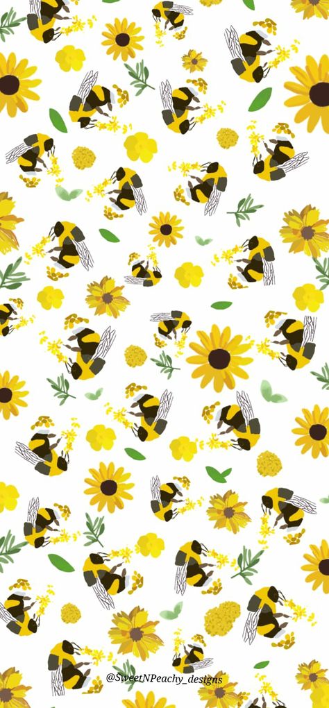 Sunflower And Bee Wallpaper, Sunflower Pattern Wallpaper, Floral Phone Wallpaper, Bee Wallpaper, Sunflower And Bee, Baby Print, Sunflower Pattern, Sunflower Design, Yellow Sunflower