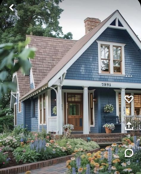 Blue White Brown House Exterior, Blue And White Exterior House, Dusty Blue House Exterior, Houses From Outside, Colorful Houses Exterior, 80s Home Exterior, Dream Home Outside, Blue House Aesthetic, Home Exterior Paint Ideas