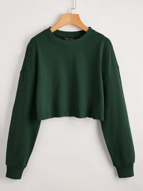 SHEIN Drop Shoulder Raw Hem Crop Pullover | SHEIN USA Crop Top Sweatshirt Outfit, Sweater Crop Top Outfit, Green Outfits For Women, Dark Green Sweatshirt, Long Sleeve Shirt Outfits, Dark Green Shirt, Shein Basics, Oversized Long Sleeve Shirt, Dark Green Sweater