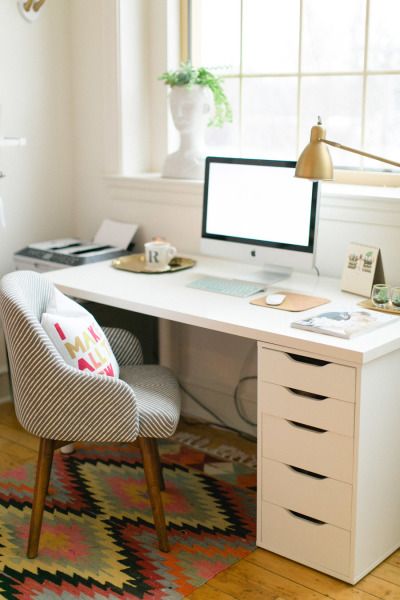 So much inspiration: http://www.stylemepretty.com/living/2015/03/19/30-of-the-prettiest-offices-ever/ A Desk, Home Office, Computer, Desk, White