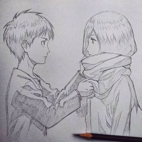 Rough Sketches Anime, Mikasa And Eren, Anime Face Drawing, Rough Sketches, A Sign Of Affection, Sign Of Affection, Revolutionary Girl Utena, Anime Drawing Books, Eren And Mikasa